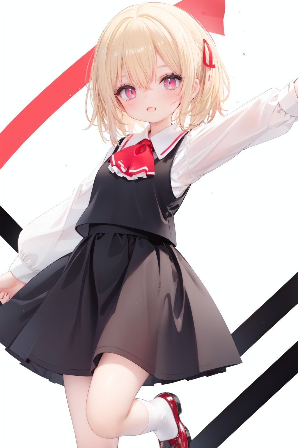  1girl, rumia, blonde hair, solo, white background, red eyes, red footwear, simple background, ascot, short hair, ribbon, open mouth, hair ribbon, smile, long sleeves, shirt, looking at viewer, red ascot, white socks, white shirt, red ribbon, shoes, socks, frills, bangs, outstretched arms, hair between eyes, skirt, :d, dress, vest, mary janes, black dress, black skirt, collared shirt, black vest, blush