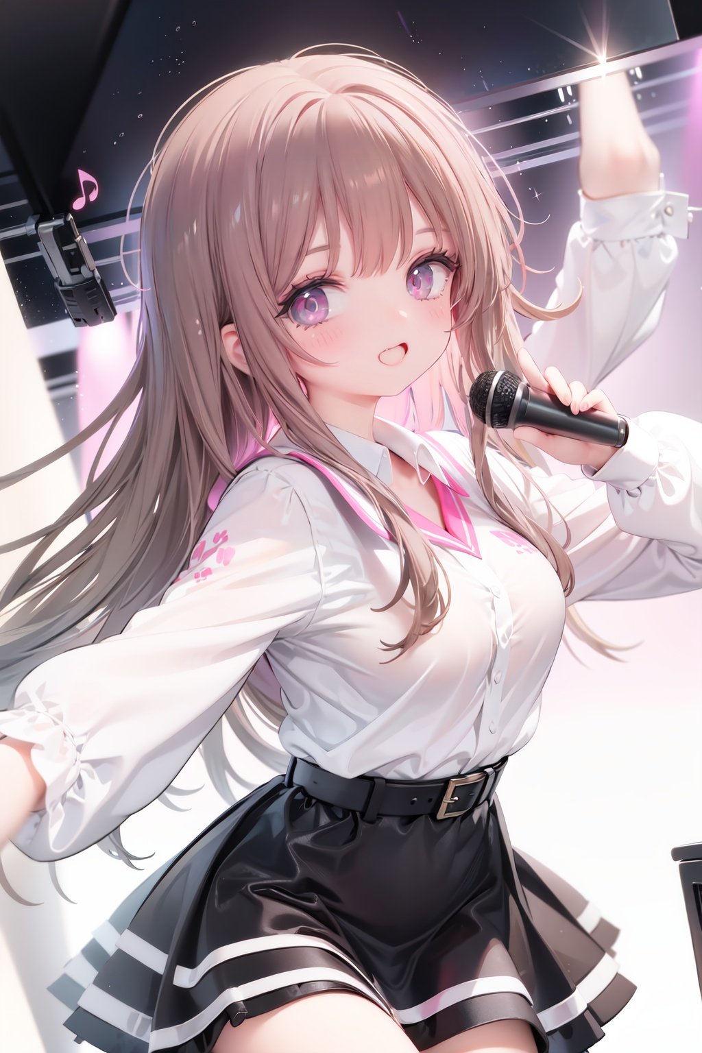  1girl, solo, microphone, smile, skirt, blush, brown eyes, long hair, open mouth, looking at viewer, brown hair, long sleeves, :d, shirt, bangs, belt, breasts, pink shirt, outstretched arm, music, black belt, medium breasts, holding microphone, singing