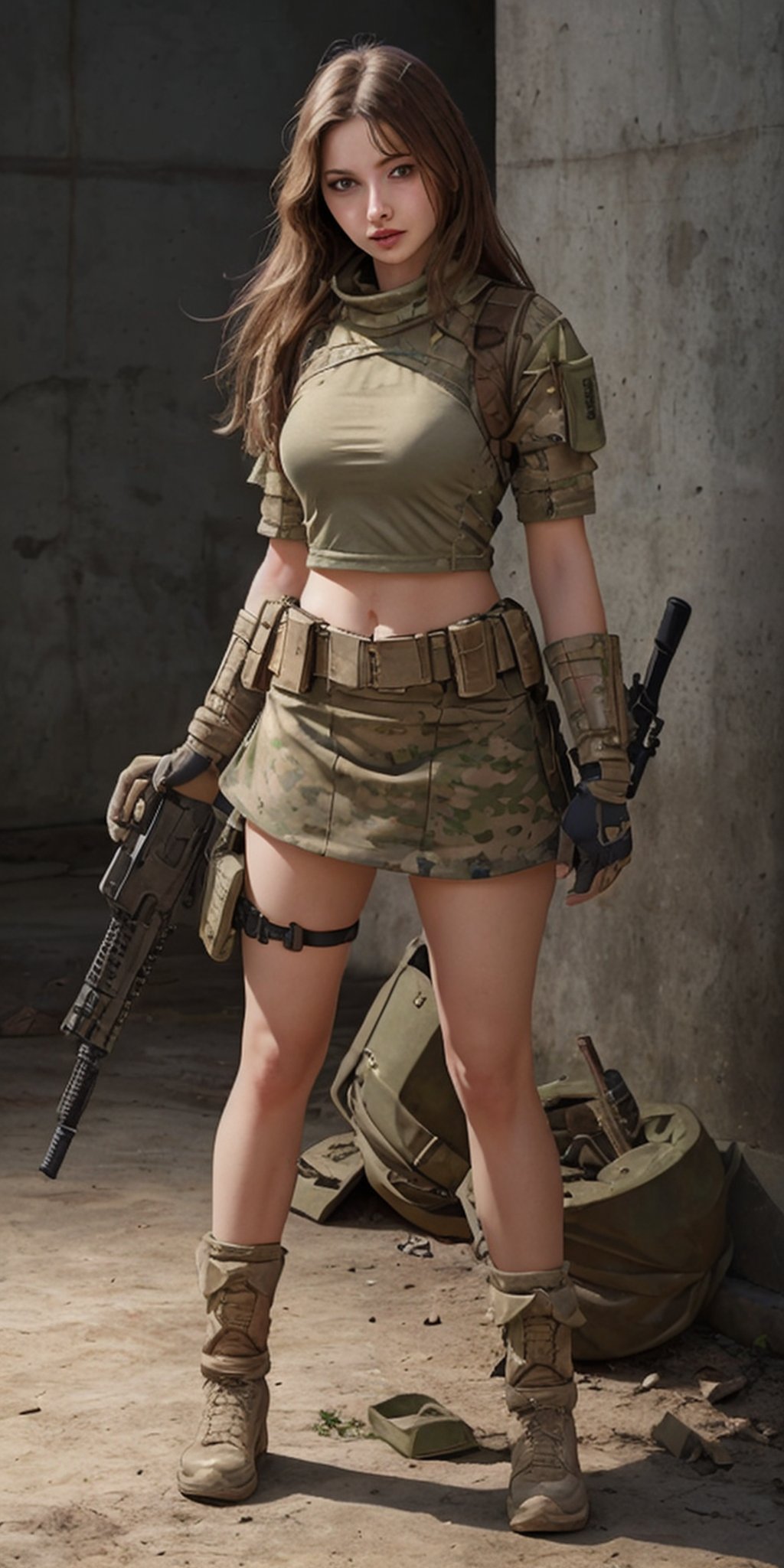 photorealistic, beautiful, masterpiece, 1 girl, full_gear_soldier,  skirt