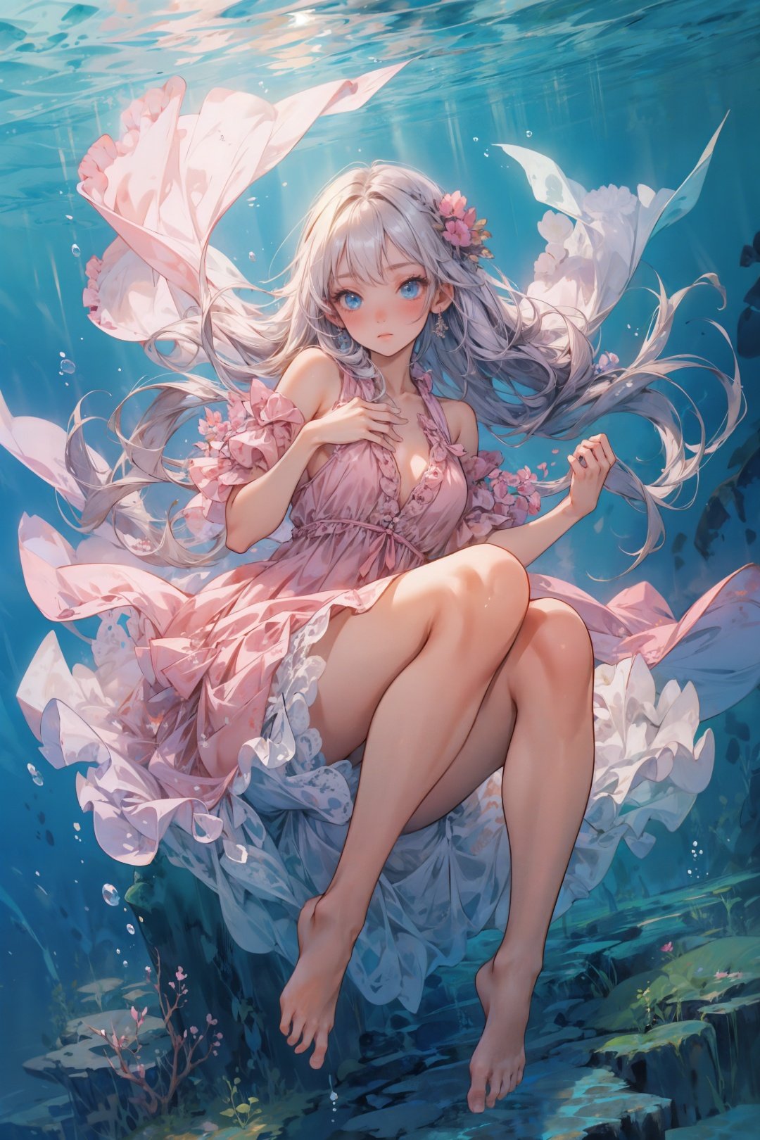 best quality,(masterpiece:1.3),ultra-detailed,best quality,(masterpiece:1.3),long shot,frill,golden hair,long hair,pink dress,blue eyes,floating in water,jump up,hand on chest,open fingers,delicate_features,pretty_face,pure,lovely,blush,looking at viewer,bare foot,seabed,under the sea, underwater,deep sea,