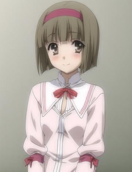 <lora:KazuhaNijouFutabaNijou:0.7> KazuhaNijouFutabaNijou, 1girl, solo, looking at viewer, blush, smile, simple background, long sleeves, white background, ribbon, upper body