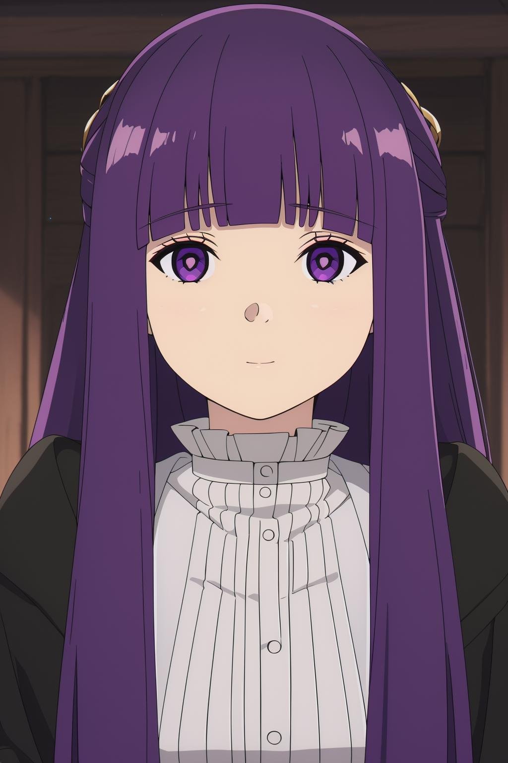 <lora:菲伦1V:0.8>,菲伦,1girl,solo,purple hair,long hair,purple eyes,blunt bangs,sidelocks,half updo,bright pupils,hair ornament,frilled collar,black robe,white dress,center frills,buttons,wide sleeves,long sleeves,curvy,cowboy shot,, Exquisite visuals, high-definition,masterpiece,best quality,, 20yo,Young female,Beautiful Finger,Beautiful long legs,Beautiful body,Beautiful Nose,Beautiful character design, perfect eyes, perfect face,expressive eyes,looking at viewer,official art,extremely detailed CG unity 8k wallpaper, perfect lighting,Colorful, Bright_Front_face_Lighting,shiny skin, (masterpiece:1.0),(best_quality:1.0), ultra high res,4K,ultra-detailed,photography, 8K, HDR, highres, absurdres:1.2, Kodak portra 400, film grain, blurry background, bokeh:1.2, lens flare, (vibrant_color:1.2), (beautiful_face:1.5),(narrow_waist), ,NSFW,