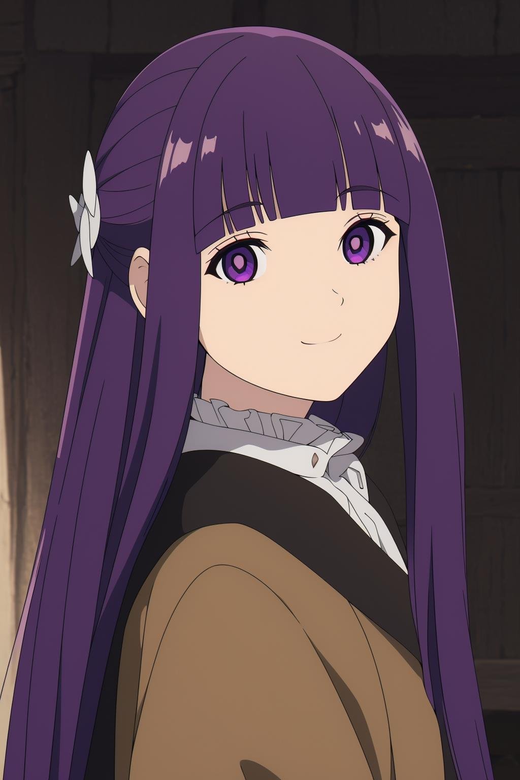 <lora:菲伦1V:0.8>,菲伦,1girl,solo,purple hair,long hair,purple eyes,blunt bangs,sidelocks,half updo,bright pupils,hair ornament,frilled collar,black robe,white dress,center frills,buttons,wide sleeves,long sleeves,curvy,cowboy shot,brown coat,from side,smile,, Exquisite visuals, high-definition,masterpiece,best quality,, 20yo,Young female,Beautiful Finger,Beautiful long legs,Beautiful body,Beautiful Nose,Beautiful character design, perfect eyes, perfect face,expressive eyes,looking at viewer,official art,extremely detailed CG unity 8k wallpaper, perfect lighting,Colorful, Bright_Front_face_Lighting,shiny skin, (masterpiece:1.0),(best_quality:1.0), ultra high res,4K,ultra-detailed,photography, 8K, HDR, highres, absurdres:1.2, Kodak portra 400, film grain, blurry background, bokeh:1.2, lens flare, (vibrant_color:1.2), (beautiful_face:1.5),(narrow_waist), ,NSFW,