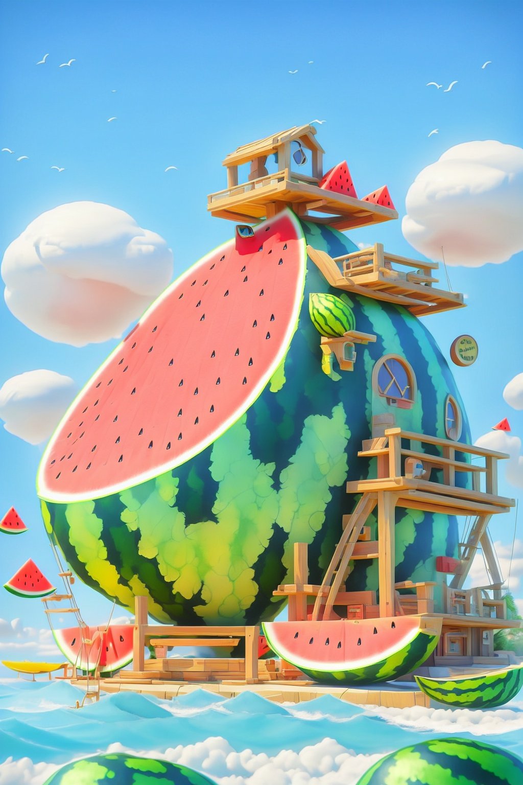 3dfz, watermelon, fruit, scenery, food, no humans, outdoors, cloud, sky, day, bird, boat, watercraft, water, house, ladder, window, blue sky, door, reflection,tilt-shift,best quality,masterpiece,realistic,HDR,UHD,8K,