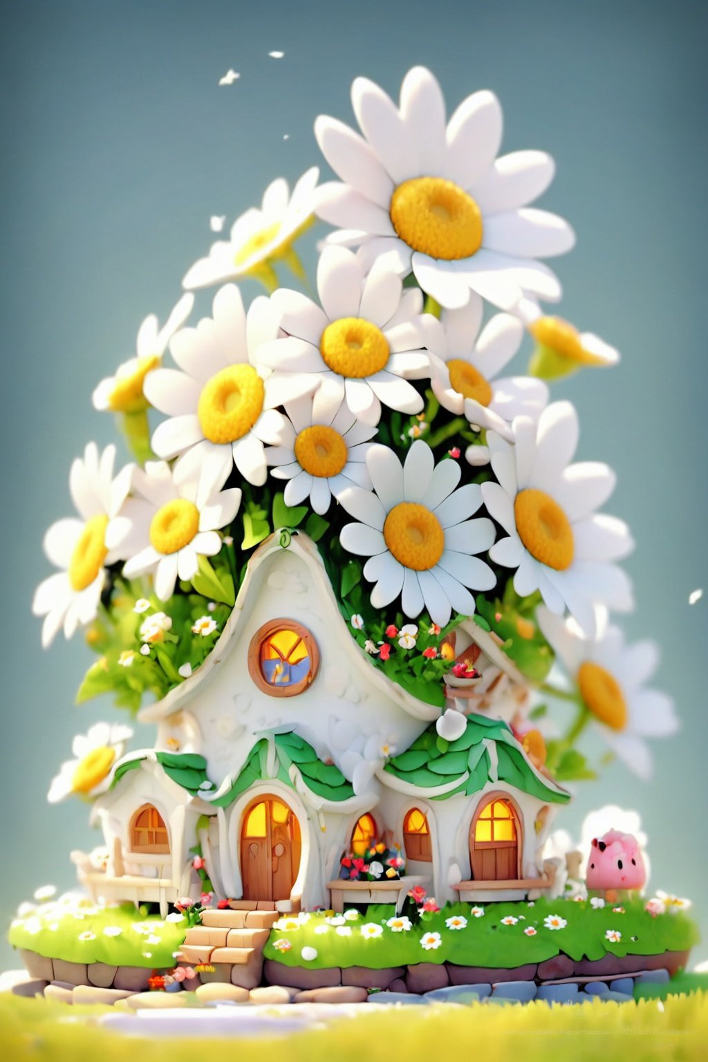 3dfz, flower, kirby, no humans, chimney, grass, window, daisy, house, white flower, stairs,tilt-shift,best quality,masterpiece,realistic,HDR,UHD,8K,