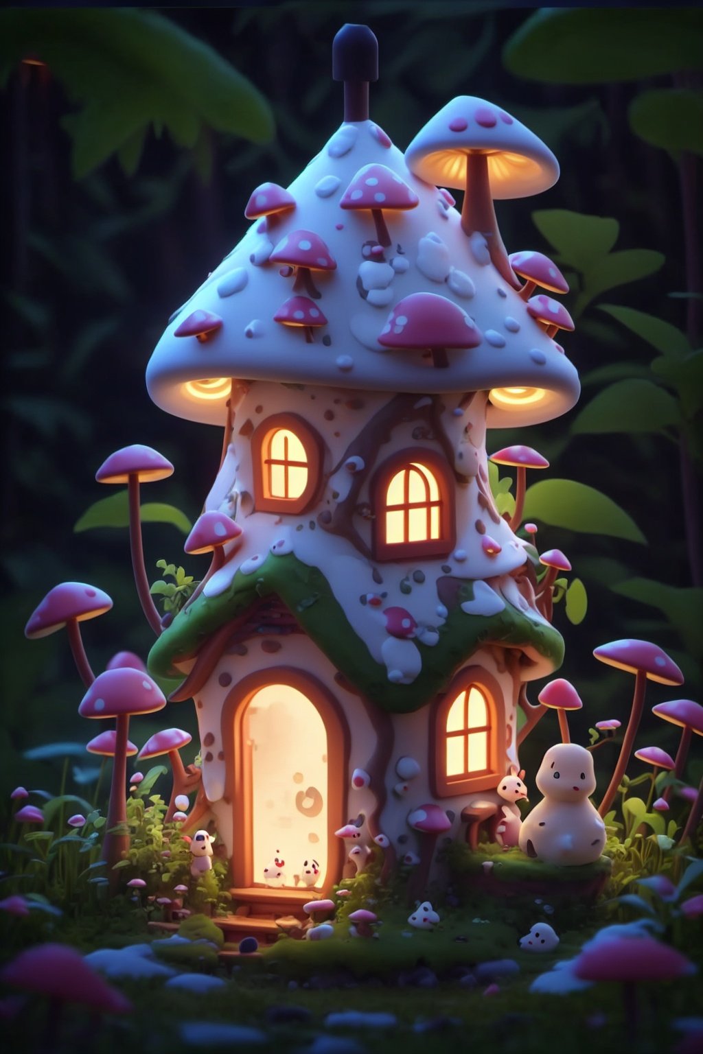 3dfz, no humans, mushroom, house, grass, window, outdoors, door, plant, bear, scenery, moss, chimney, pokemon \(creature\),tilt-shift,best quality,masterpiece,realistic,HDR,UHD,8K,