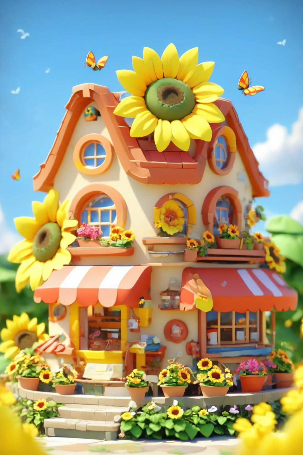 3dfz, flower, no humans, bug, sunflower, butterfly, outdoors, window, house, shop, door, sky, scenery, chimney, blue sky, day, plant, flower pot, potted plant, yellow flower, building, bird,tilt-shift,best quality,masterpiece,realistic,HDR,UHD,8K,