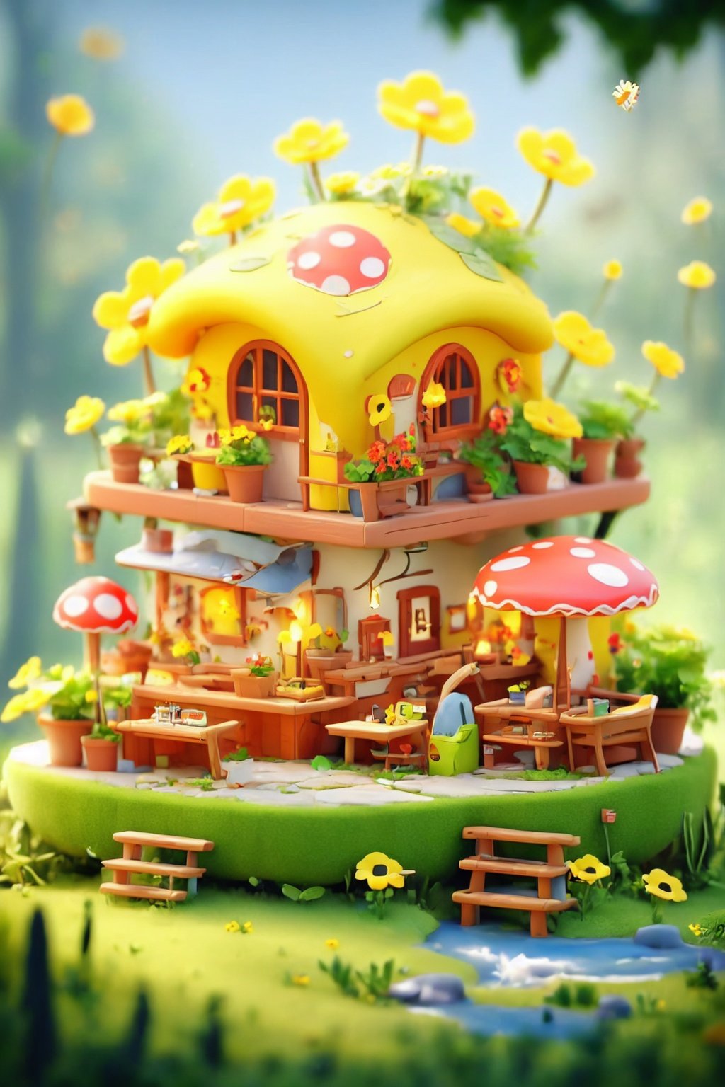 3dfz, no humans, flower, grass, ladder, window, plant, scenery, book, mushroom, yellow flower, water, watering can, blurry, potted plant, outdoors,tilt-shift,best quality,masterpiece,realistic,HDR,UHD,8K,