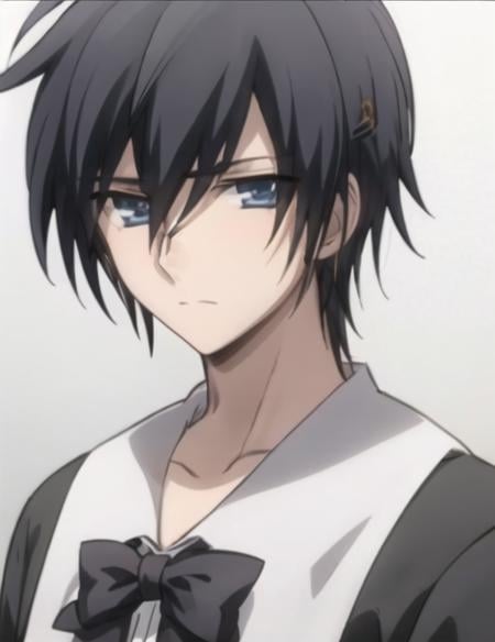 <lora:kanrojinanami:0.7> kanrojinanami, solo, looking at viewer, blue eyes, 1boy, bow, hair between eyes, closed mouth, school uniform, collarbone, upper body, male focus, bowtie, orange background