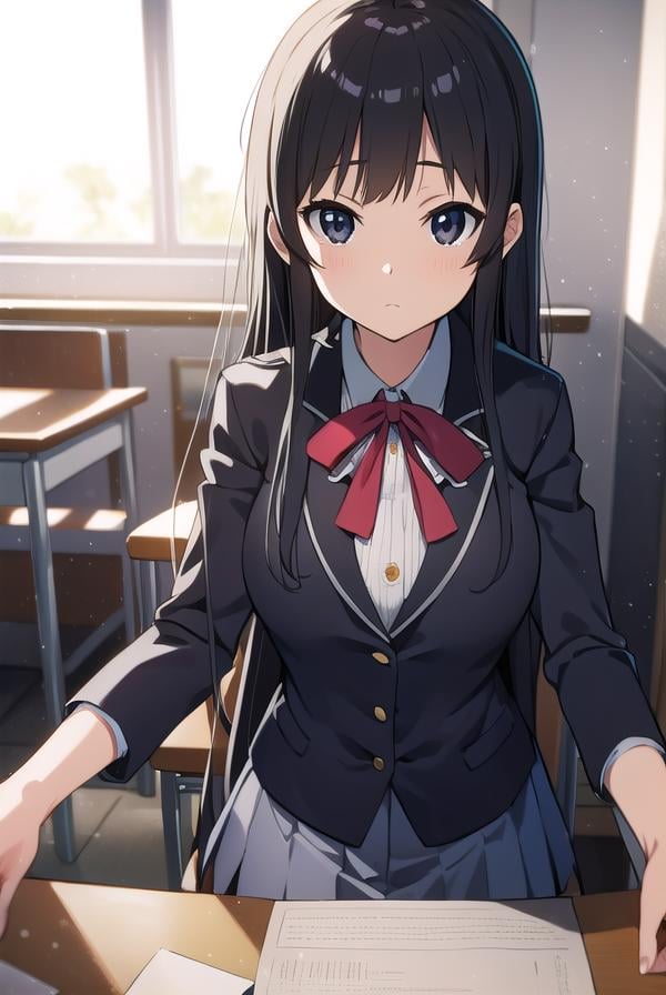 mioakiyama, <lora:mioakiyamatest:1>, mio akiyama, (black eyes:1.5), black hair, long hair, BREAK sakuragaoka high school uniform, school uniform, uniform, BREAK looking at viewer, BREAK indoors, classroom, BREAK <lora:GoodHands-vanilla:1>, (masterpiece:1.2), best quality, high resolution, unity 8k wallpaper, (illustration:0.8), (beautiful detailed eyes:1.6), extremely detailed face, perfect lighting, extremely detailed CG, (perfect hands, perfect anatomy),