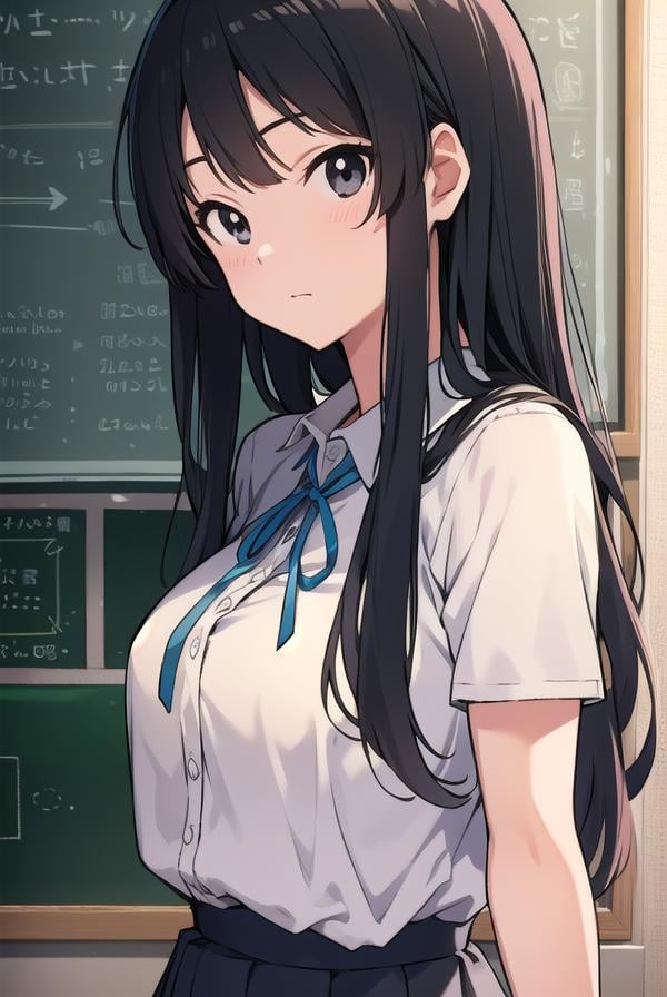 mioakiyama, <lora:mioakiyamatest:1>, mio akiyama, (black eyes:1.5), black hair, long hair, BREAK sakuragaoka high school uniform, school uniform, uniform, BREAK looking at viewer, BREAK indoors, classroom, BREAK <lora:GoodHands-vanilla:1>, (masterpiece:1.2), best quality, high resolution, unity 8k wallpaper, (illustration:0.8), (beautiful detailed eyes:1.6), extremely detailed face, perfect lighting, extremely detailed CG, (perfect hands, perfect anatomy),