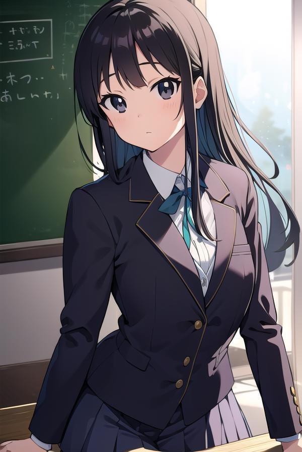 mioakiyama, <lora:mioakiyamatest:1>, mio akiyama, (black eyes:1.5), black hair, long hair, BREAK sakuragaoka high school uniform, school uniform, uniform, BREAK looking at viewer, BREAK indoors, classroom, BREAK <lora:GoodHands-vanilla:1>, (masterpiece:1.2), best quality, high resolution, unity 8k wallpaper, (illustration:0.8), (beautiful detailed eyes:1.6), extremely detailed face, perfect lighting, extremely detailed CG, (perfect hands, perfect anatomy),