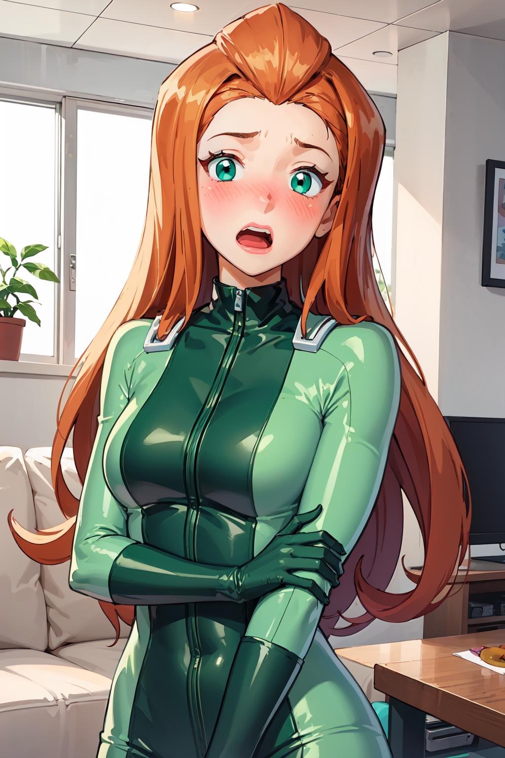 masterpiece, best quality, ultra-detailed, illustration, 1girl, sam \(totally spies\), orange hair, long hair, green eyes, green bodysuit, blush, embarrassed, looking at viewer, open mouth, living room, upper body <lora:brj-sam-v1-000011:1> <lora:GoodHands-beta2:1>