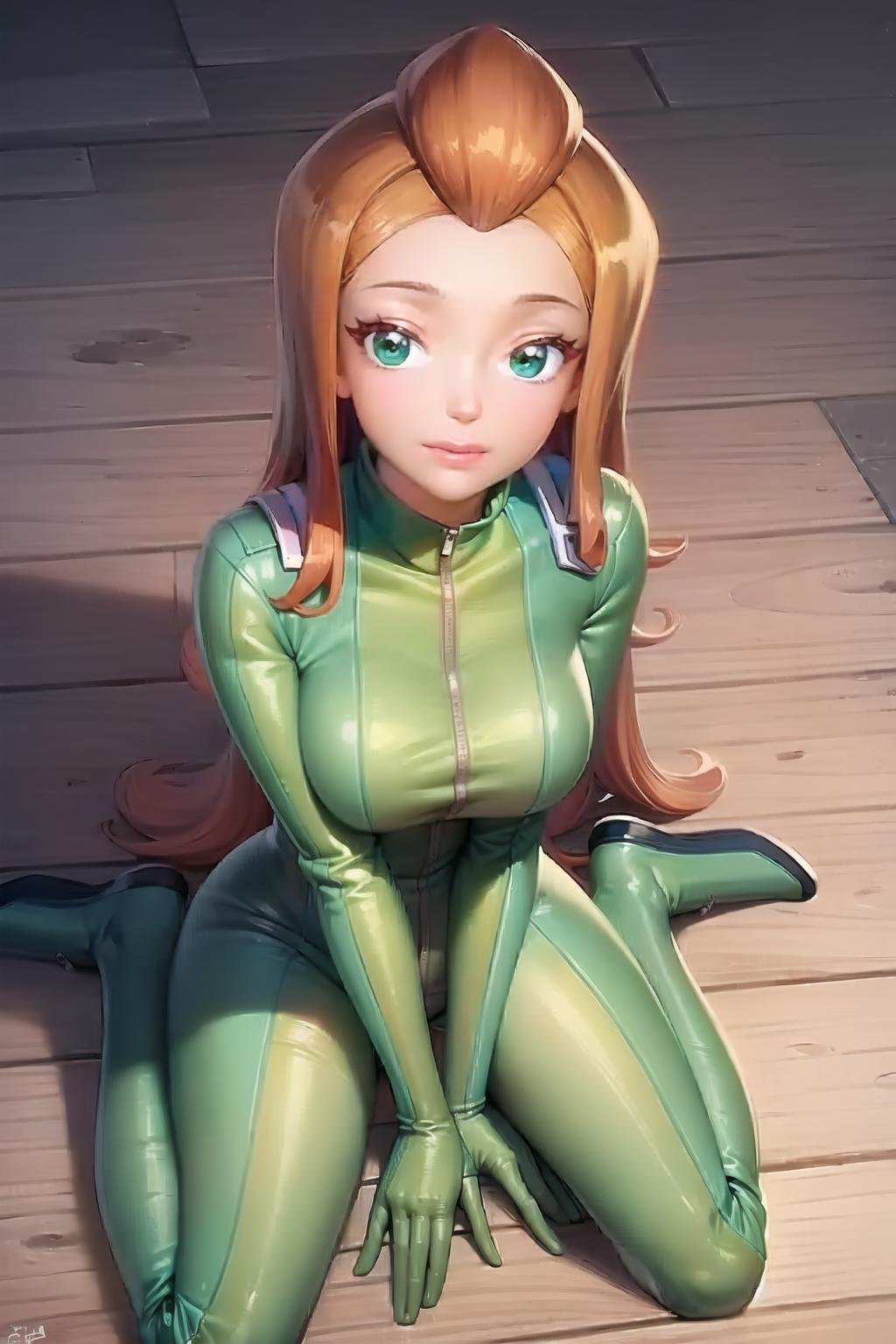 masterpiece, best quality, ultra-detailed, illustration, 1girl, sam \(totally spies\), orange hair, long hair, green eyes, green bodysuit, yokozuwari, lunar base, from above <lora:brj-sam-v1-000011:1> <lora:GoodHands-beta2:1>