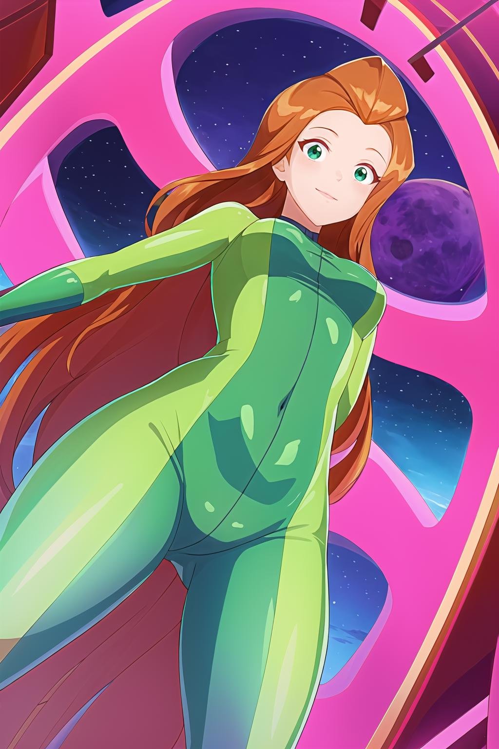 masterpiece, best quality, ultra-detailed, illustration, 1girl, sam \(totally spies\), orange hair, long hair, green eyes, green bodysuit, legs apart, lunar base, from below <lora:brj-sam-v1-000011:1> <lora:GoodHands-beta2:1>