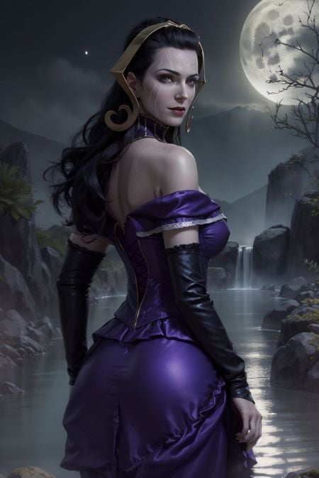 <lora:LilianaV3:0.7>, liliana vess, black hair, facial mark, a woman in a purple dress, floating hair, full moon,, (Best quality, 8k, 32k, Masterpiece, UHD:1.2),Photo of Pretty woman, 1girl, double eyelid, huge hot spring in nature, nature view, soak in water, look back, arms behind back, 