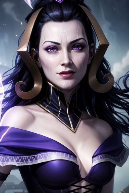 <lora:LilianaV3:0.7>, liliana vess, black hair, facial mark, a woman in a purple dress, floating hair,