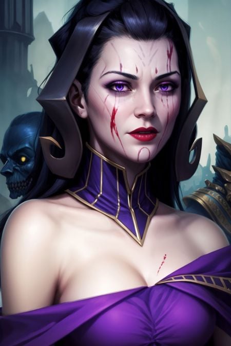 <lora:LilianaV3:0.7>, liliana vess, black hair, facial mark, a woman in a purple dress, blood on face, 