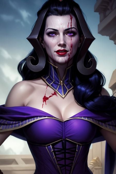 <lora:LilianaV3:0.7>, liliana vess, black hair, facial mark, a woman in a purple dress, blood on face, 