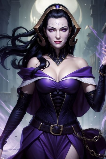 <lora:LilianaV3:0.7>, liliana vess, black hair, facial mark, a woman in a purple dress, floating hair,