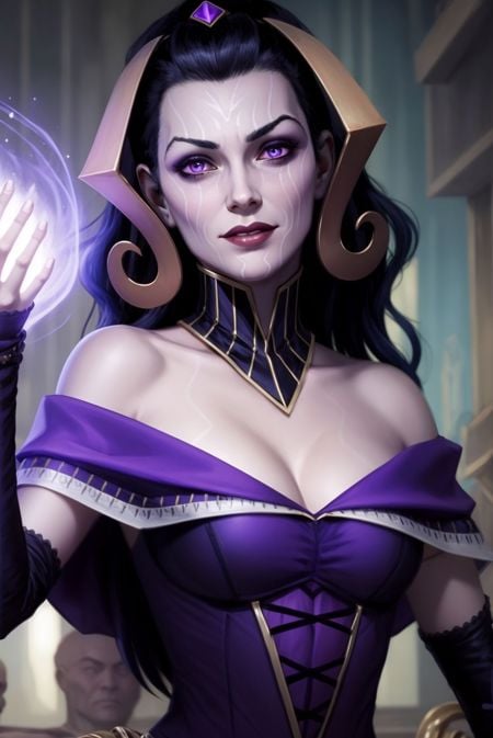 <lora:LilianaV3:0.7>, liliana vess, black hair, facial mark, a woman in a purple dress holding a skull