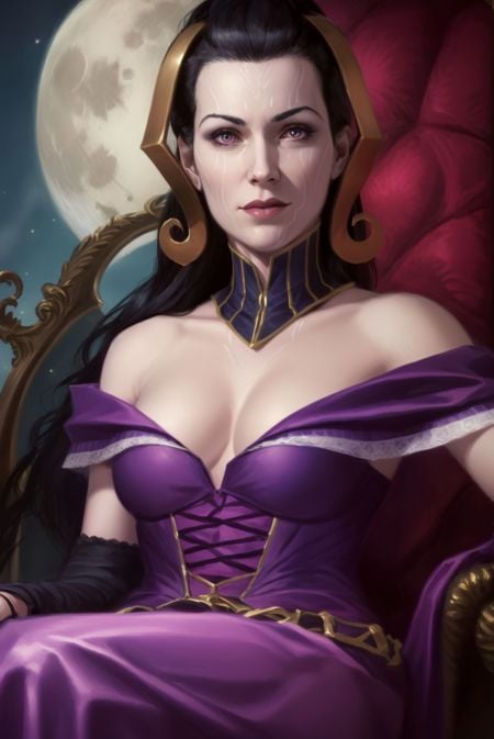 <lora:LilianaV3:0.75>, liliana vess, black hair, facial mark, a woman in a purple dress, full moon, sitting, throne, (Best quality, 8k, 32k, Masterpiece, UHD:1.2), (close-up:1.4), (portrait:1.3), 