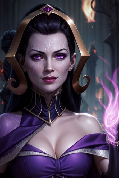 <lora:LilianaV3:0.7>, liliana vess, black hair, facial mark, a woman in a purple dress holding a purple flame