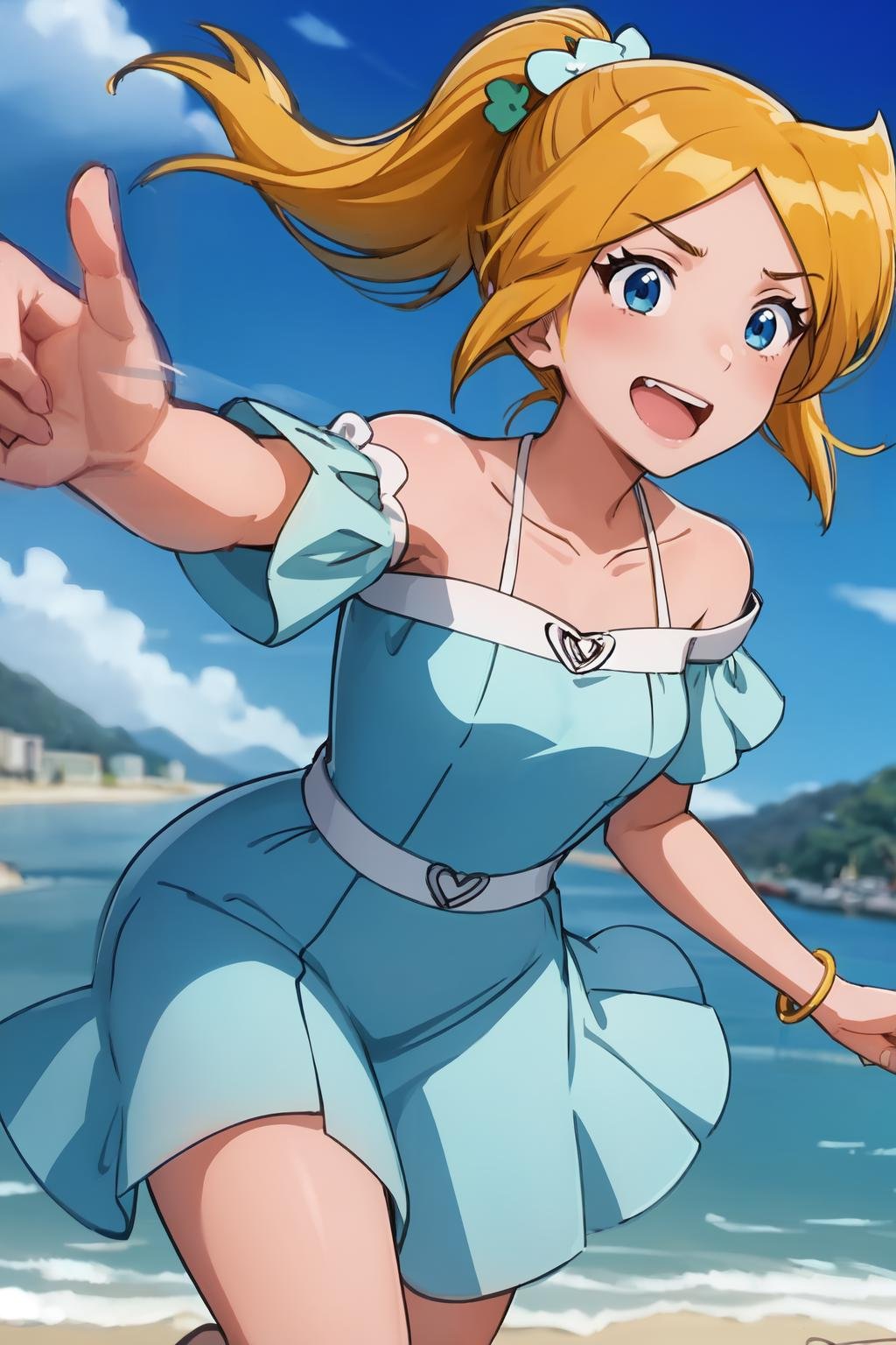 masterpiece, best quality, ultra-detailed, illustration, 1girl, clover \(totally spies\), floating hair, blonde hair, short ponytail, blue eyes, white dress, bare shoulder, happy, open mouth, running, pov, beach <lora:brj-clover-v1.6:1> <lyco:GoodHands-beta2:1.0>