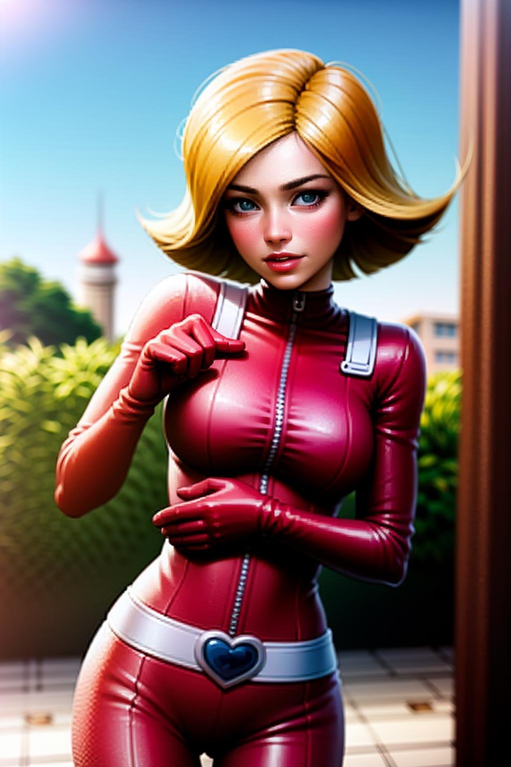 best quality, ultra high res, (photorealistic:1.4), 1girl, solo, clover \(totally spies\), blonde hair, short hair, blue eyes, red bodysuit, belt <lora:brj-clover-v1.6:0.8>