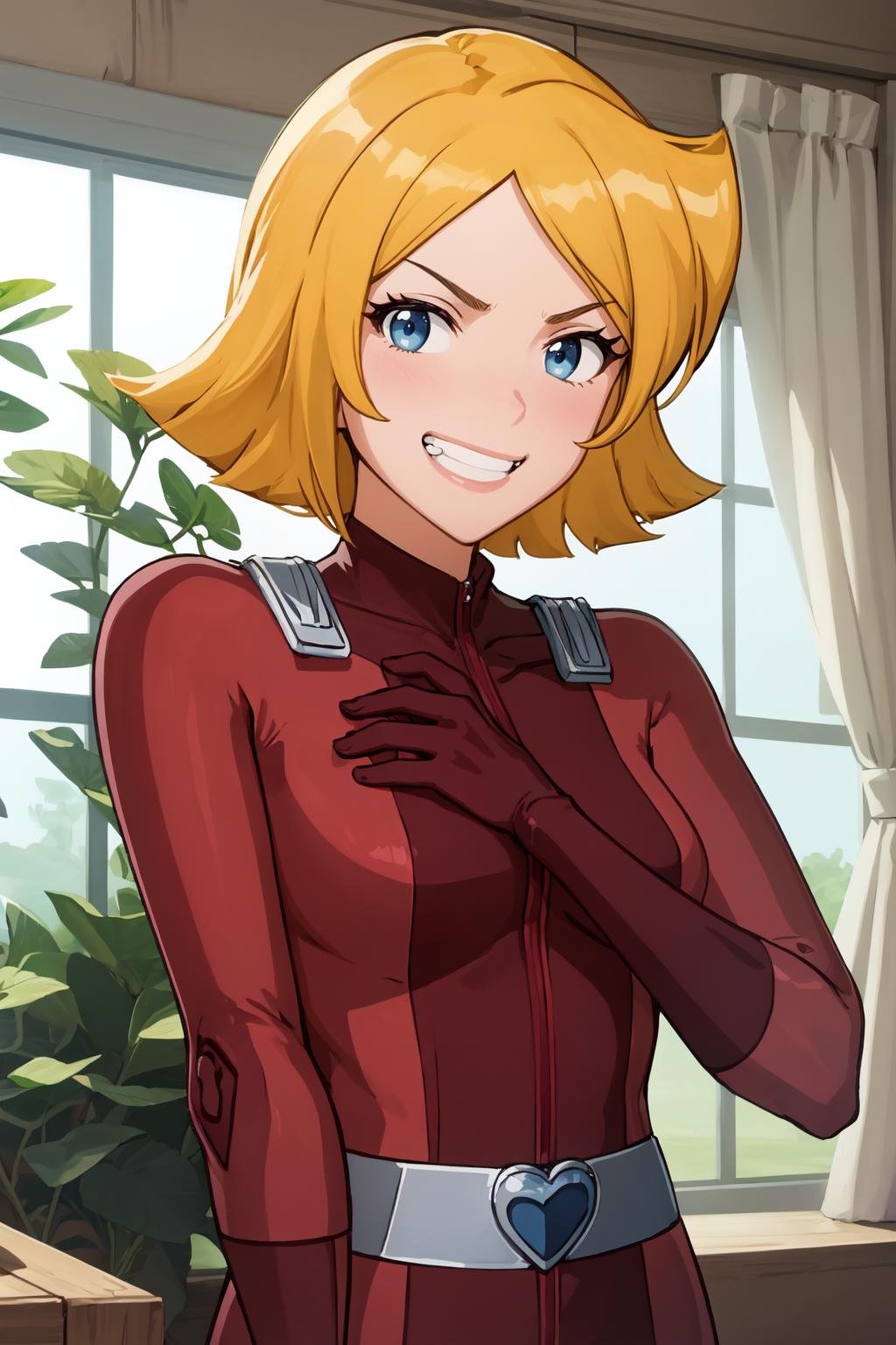 masterpiece, best quality, ultra-detailed, illustration, 1girl, clover \(totally spies\), blonde hair, short hair, blue eyes, (red bodysuit:1.2), belt, grin, looking at viewer, standing, upper body, indoors, pov <lora:brj-clover-v1.6:1> <lyco:GoodHands-beta2:0.5>