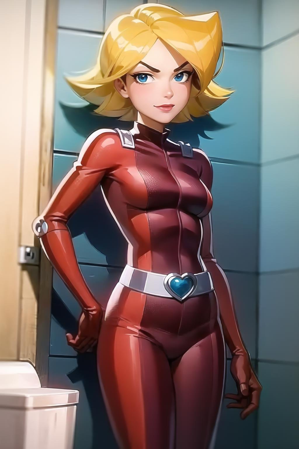 masterpiece, best quality, ultra-detailed, illustration, 1girl, clover \(totally spies\), blonde hair, short hair, blue eyes, red bodysuit, belt, evil, face focus, toilet stall <lora:brj-clover-v1.6:1> <lyco:GoodHands-beta2:1>