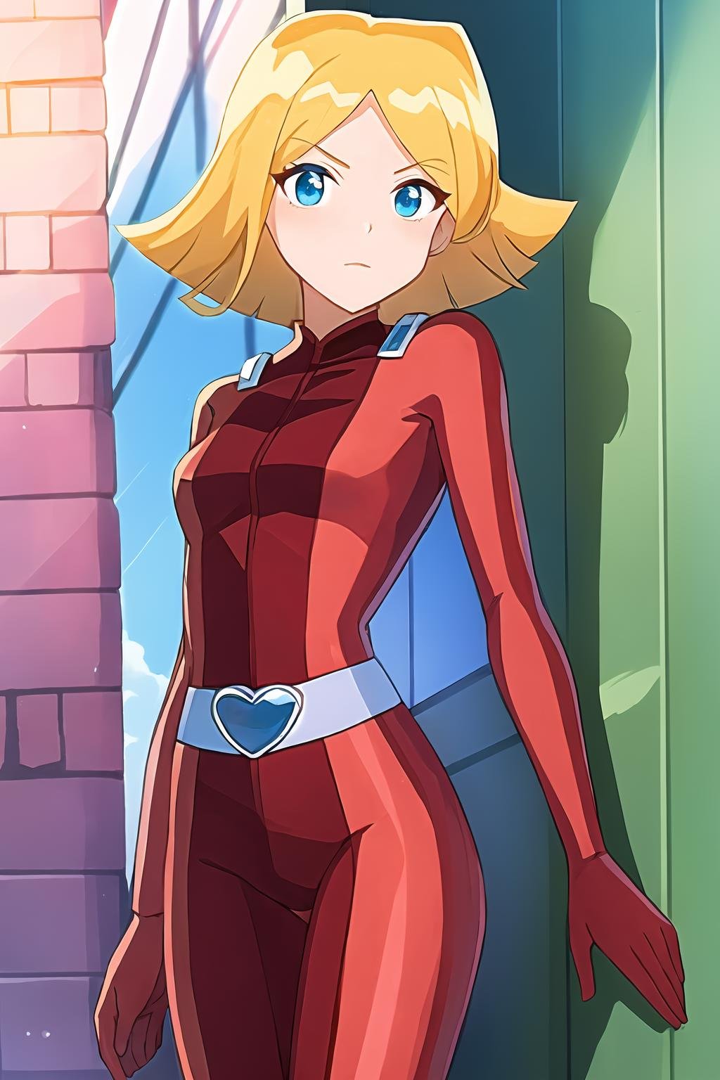 masterpiece, best quality, ultra-detailed, illustration, 1girl, clover \(totally spies\), blonde hair, short hair, blue eyes, red bodysuit, belt, nervous, cowboy shot, alleyway <lora:brj-clover-v1.6:1> <lyco:GoodHands-beta2:1>