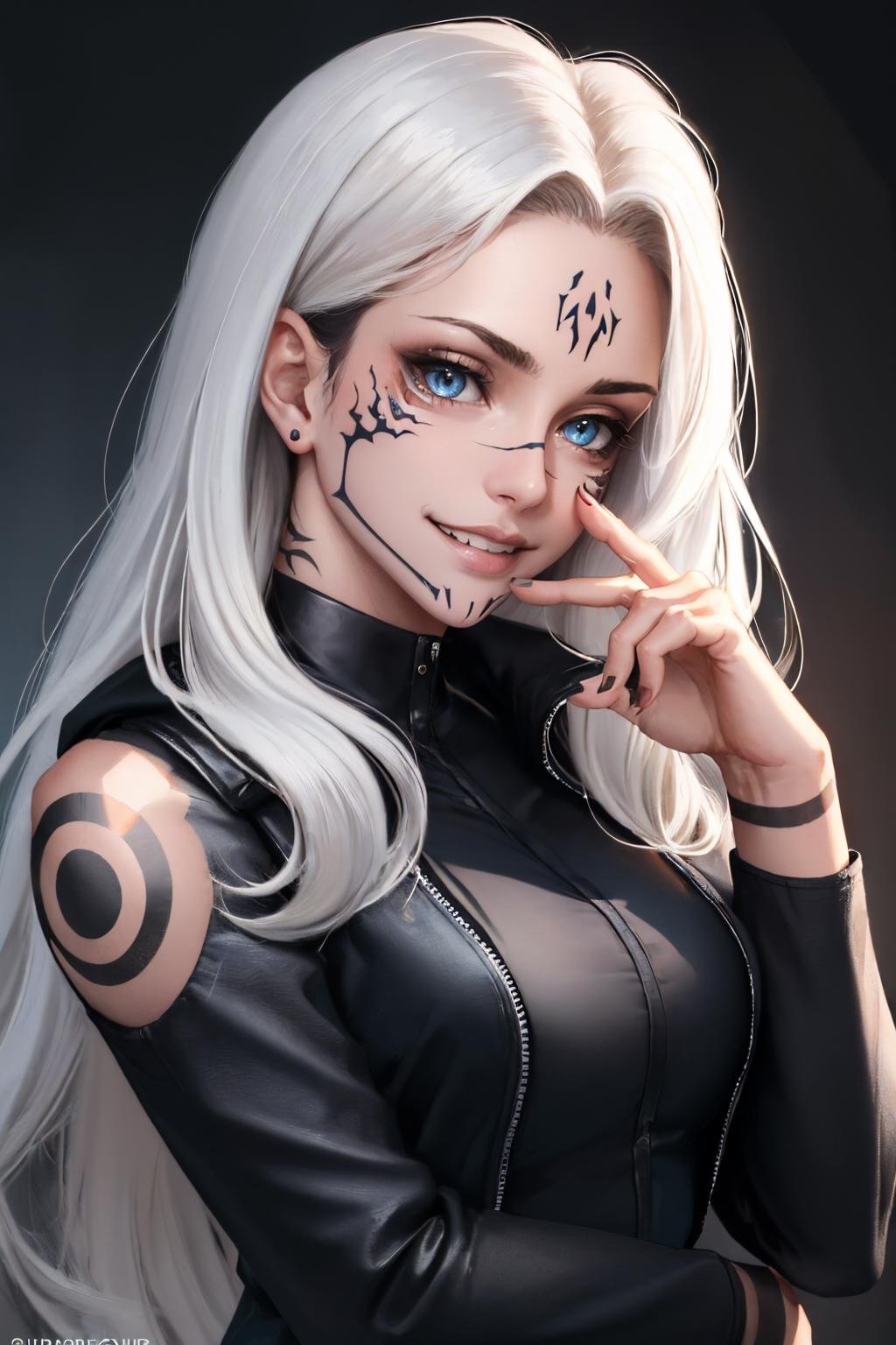 (masterpiece, best quality:1.2), upper body, solo, 1girl, sukunatattoo, evil grin, looking at viewer, hand on own face, long hair, white hair, blue eyes, extra eyes, v-shaped eyebrows, black jacket, long sleeves, dark lighting, caustics <lora:concept_sukunatattoo-10:1>