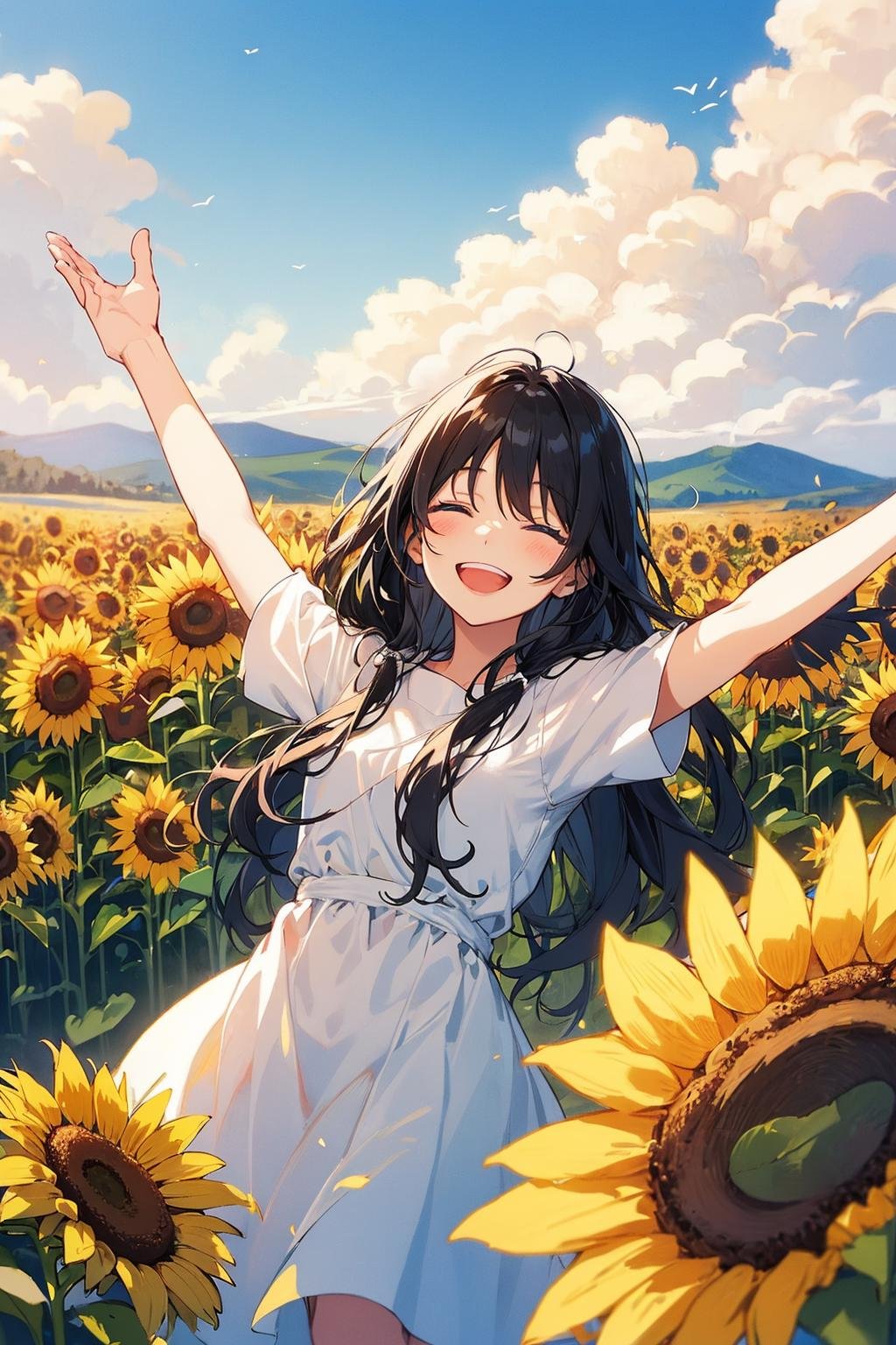 1girl with a very long hair, hair over eyes, black hair, blue eyes, closed eyes, laughing, smile, open arms, windmill, sunflower camp scenery, light colors, dappled sunlight, warm, 