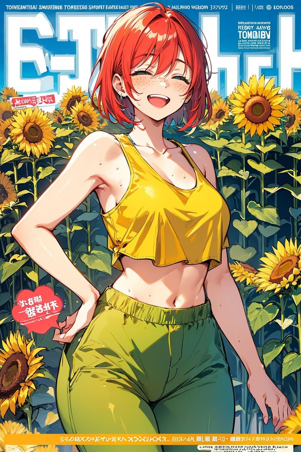 tomboy, 1girl, with a short bob cut hair, toned, laughing, smile, closed eyes, sweaty, freckles, red hair, light blue eyes, medium breasts, wide hips, wearing yellow tank top, baggy green pants, face shot, sunflowers camp, magazine cover, <lora:Magazine:0.5>
