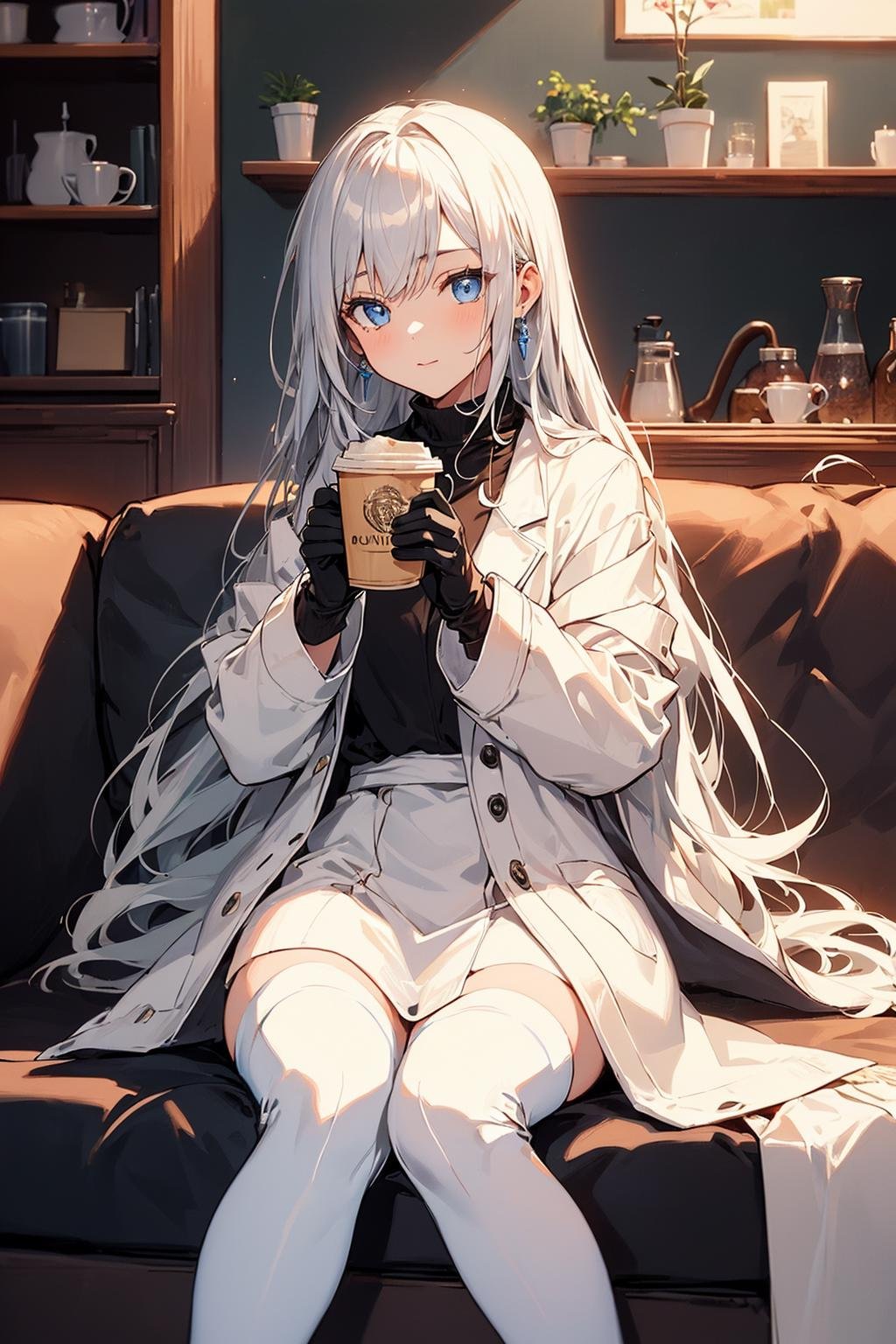 ((masterpiece:1.4, best quality:1.2)), 1girl with a very long hair, silver hair, tall female, blue eyes, jewel-like eyes, glowing eyes, wearing white coat, white legwear, black gloves, sitting on sofa, cafe shop, drinking coffee, chill ambience, comfy,