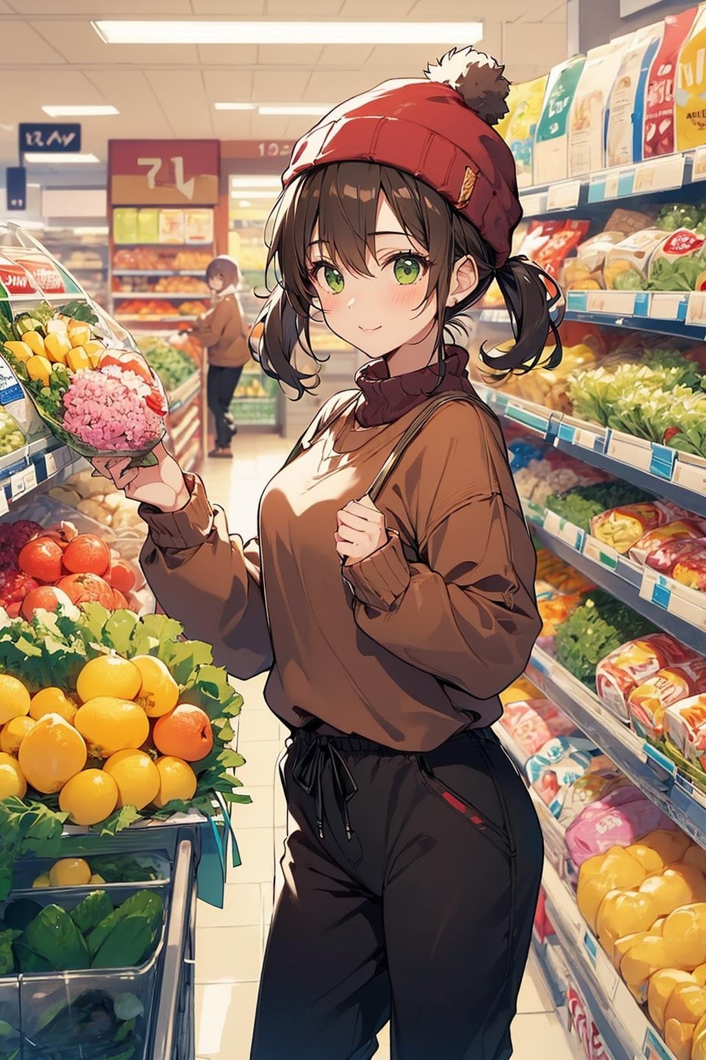 1girl with a short hair, brown hair, green eyes, beanie, brown sweater, baggy pants, tomboyish girl, twintails, grocery store, lively store, comfy enviroment,