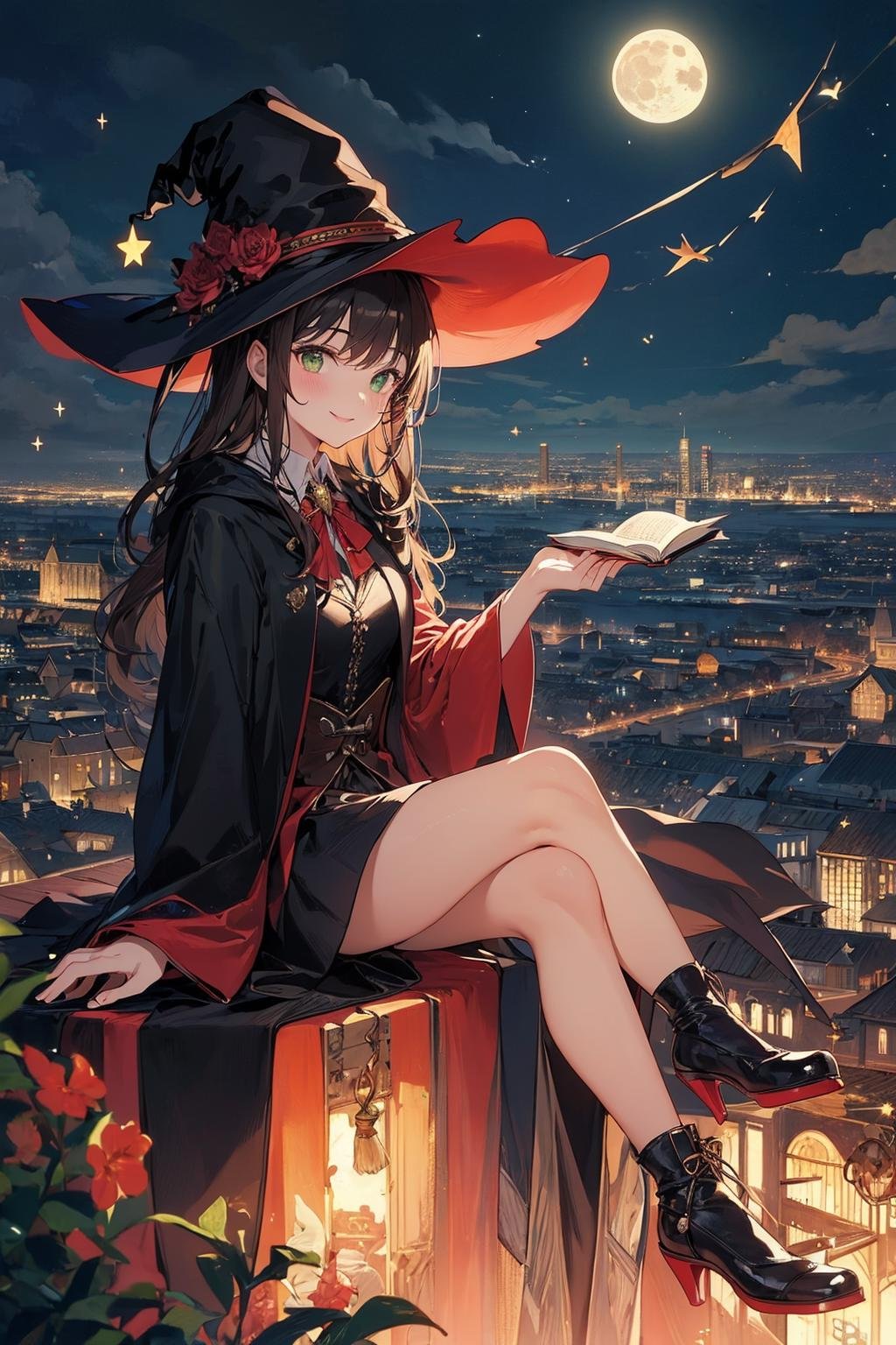 A young witch (sitting on broom:1.2), flying on a broomstick over a city at night, oil painting, /(inspired by Harry Potter/), dark and mysterious mood, the witch is wearing a black cloak and a pointed hat, she has long brown hair and green eyes, she is holding a wand in her right hand and a book in her left hand, she is smiling and looking at the moon, the city below is full of lights and shadows, there are skyscrapers, bridges, and cars, the sky is dark blue with stars and clouds, the moon is full and bright, the image is 4k resolution, high quality ultra-detailed, masterpiece.