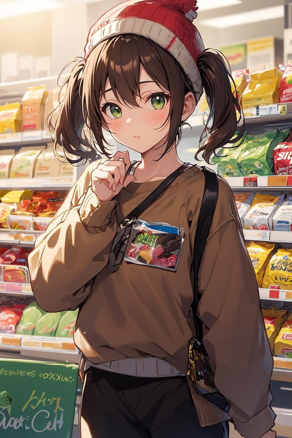 1girl with a short hair, brown hair, green eyes, beanie, brown sweater, baggy pants, tomboyish girl, twintails, grocery store, lively store, comfy enviroment,