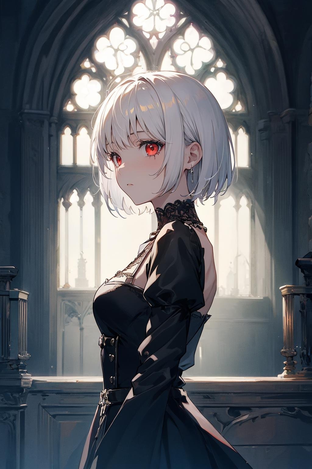 1girl with a short bob cut hair, white hair, red eyes, medium breasts, gothic clothes, in a castle, gothic architecture, dim lights, dark scenery, scarred\(expression\),