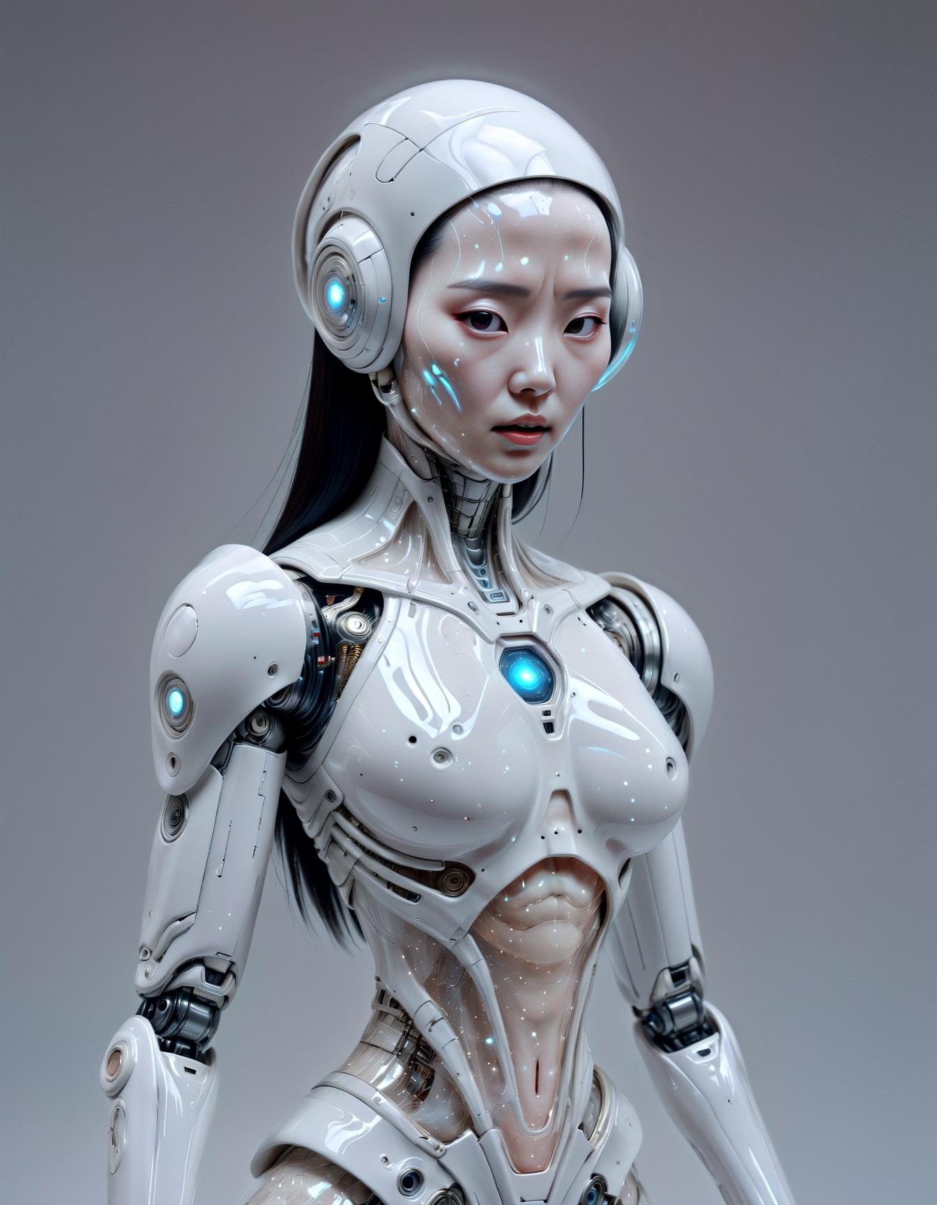 full body, she asian horror android, robot, (liquid illumination:1.05),  cosmic explorers, celestial outfits, space helmets, interstellar travel, ethereal beings, astral projection, galactic constellations, white cyborg face made of porcelan, (cracked:0.4),hyperrealistic, photorealistic,