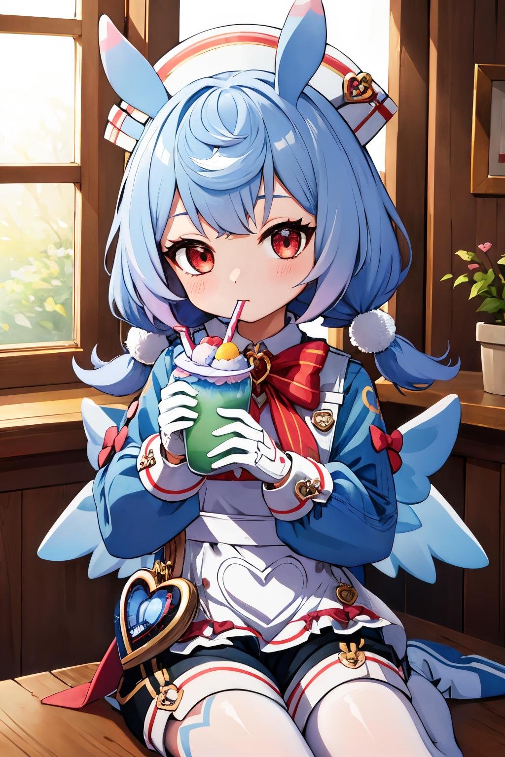 sigewinne, puffy shorts, low twintails, 1girl, white thighhighs, puffy sleeves, white headwear, bow, white gloves, long sleeves, heart-shaped bag, red bow on apron, blue bow on apron, nurse cap, white apron, black shorts, red bowtie, green shirt, cup, holding cup, drinking straw, drinking straw in mouth, white collar, collared shirt, sitting, wariza, winged waist bow, white waist bow, red waist bow <lora:sigewinne_genshin_impact_locon:0.7> <lora:fingers4civitai:1:1:lbw=OUTALL> 