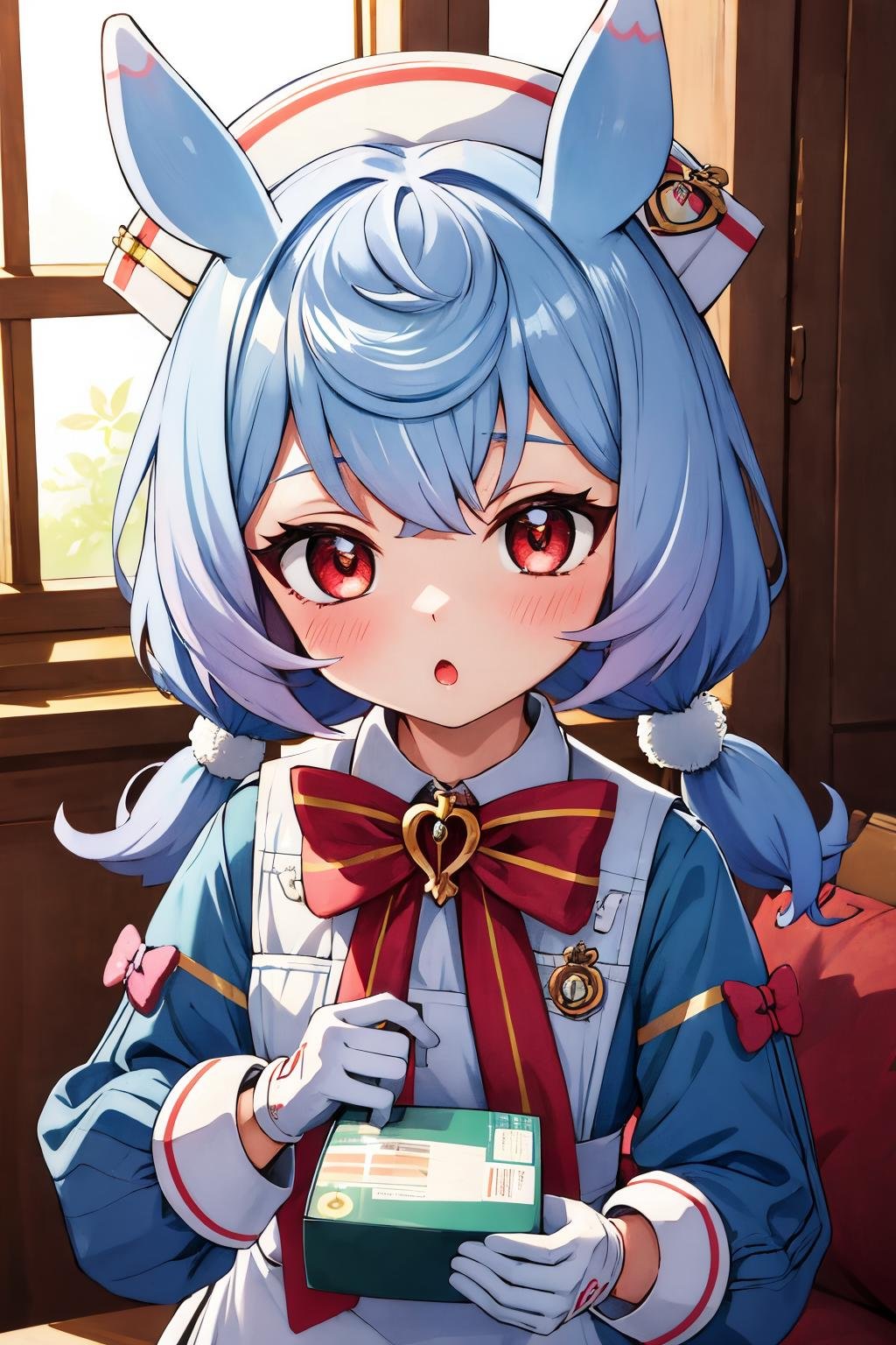 sigewinne, :o, low twintails, upper body, looking at viewer, 1girl, first aid kit, puffy sleeves, gloves, blush, holding, twintails, bow, white gloves, long sleeves, red bow, nurse cap, holding first aid kit, white apron, red bowtie, green shirt, white collar, collared shirt, winged waist bow, white waist bow <lora:sigewinne_genshin_impact_locon:0.7> <lora:fingers4civitai:1:1:lbw=OUTALL> 