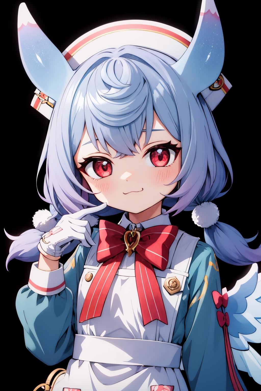 sigewinne, low twintails, upper body, looking at viewer, 1girl, white headwear, twintails, bow, white gloves, smug, long sleeves, hand up, red bow, :3, nurse cap, white apron, red bowtie, green shirt, white collar, collared shirt, winged waist bow, white waist bow <lora:sigewinne_genshin_impact_locon:0.7> <lora:fingers4civitai:1:1:lbw=OUTALL> 