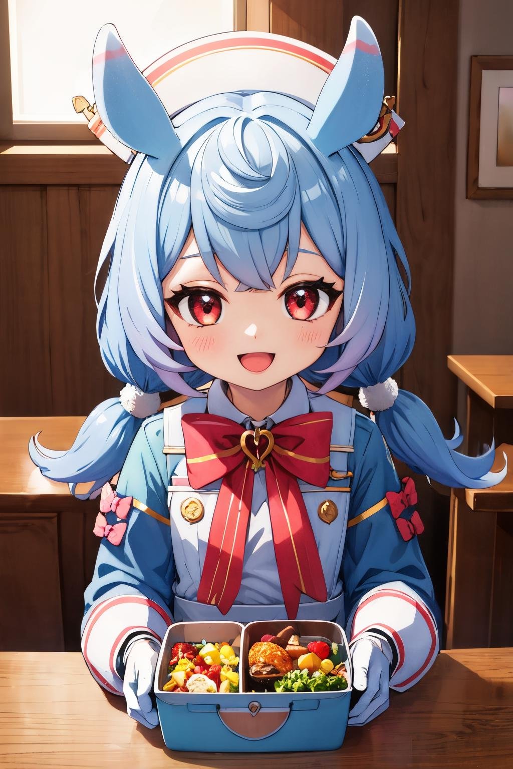 sigewinne, low twintails, upper body, looking at viewer, 1girl, food, puffy sleeves, holding lunch box, white headwear, twintails, open mouth, bow, white gloves, smile, long sleeves, indoors, :d, heart-shaped cuffs button, nurse cap, white apron, red bowtie, green shirt, white collar, collared shirt <lora:sigewinne_genshin_impact_locon:0.7> <lora:fingers4civitai:1:1:lbw=OUTALL> 