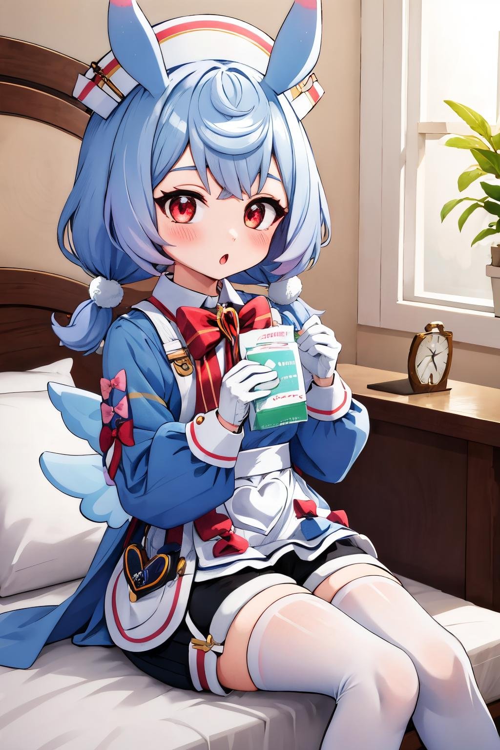 sigewinne, :o, low twintails, looking at viewer, 1girl, first aid kit, puffy sleeves, blush, holding, twintails, white gloves, long sleeves, red bow, nurse cap, holding first aid kit, white apron, red bowtie, green shirt, white collar, collared shirt, winged waist bow, white waist bow, red bow on apron, blue bow on apron, black shorts, white thighhighs, hospital bed, hospital, sitting on bed <lora:sigewinne_genshin_impact_locon:0.7> <lora:fingers4civitai:1:1:lbw=OUTALL> 