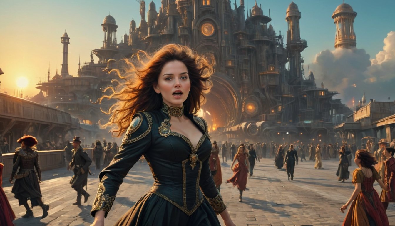 Most beautiful artwork in the world realistic three-quarter view screengrab (cinematic shot:1.6) (powerful villain being chased in a busy futuristic space port) with 1girl (Susan Sto Helit A complex and powerful woman from Terry Pratchett's "Discworld" series often depicted in elegant and gothic attire ) Nora mid-torso-shot action pose (face looking amused:1.4) [Mixed media:photograph:0.10] art by ([ Giovanni Battista Tiepolo : Ingrid Baars: 0.5]:1.4) and (Vince Gimenez :0.75) and (William-Adolphe Bouguereau :0.5), swirling , detailed [eyes | pupils | face] Short Lighting BREAK (Unnatural surroundings), (kaleidoscopic, spooky, glitch art:1.4), sunrise , asymmetry, [hyper realistic | detailed | intricate | best quality | hyper detailed | ultra realistic | HQ |8K | UHD | 16K | ornate], bokeh, Dolly Shot RAW DSLR photo shot on Sony AX53 DSLR Camera, film grain, masterpiece photographic art, (photo realistic:1.4), sharp focus, depth of field, rule of thirds, , 
