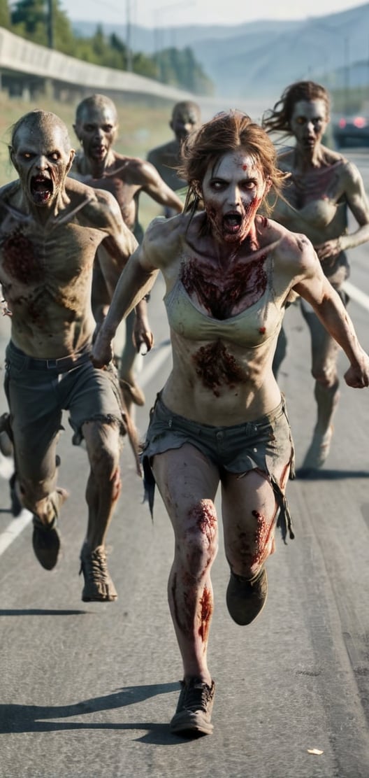 Create a photo realistic herd of mutated zombies running after women in highway.sharp focus,  high detail., , , , , 
