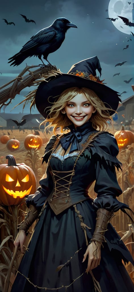 halloween monster female scarecrow,  smiles,  surrounded by crows,  on a farm outside at night,  fantasy magic,  undercut hairstyle,  dark light night,  intricate,  elegant,  sharp focus,  illustration,  highly detailed,  digital painting,  concept art,  matte,  art by wlop and artgerm and greg rutkowski and alphonse mucha,  masterpiece , monster, , , , , 
