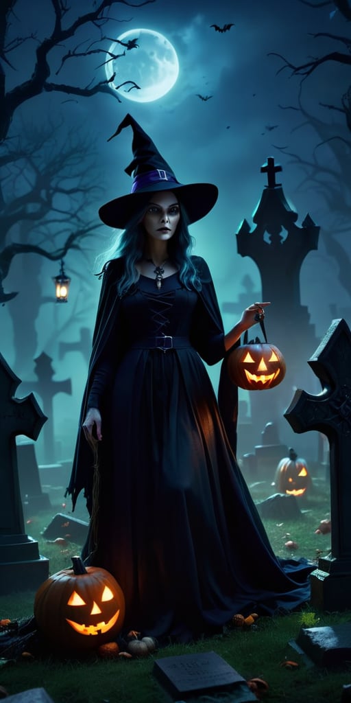 Spooky Halloween scene featuring a mysterious witch in a graveyard,  atmospheric,  dark and moody,  highly detailed,  cinematic lighting,  realistic rendering,  mystical elements,  digital painting by renowned artists,  4k resolution., 
